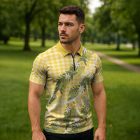 Aloha Puakenikeni Anthurium Pikake Lei Zipper Polo Shirt Gold Hawaiian Palaka Pattern LT9 - Polynesian Pride