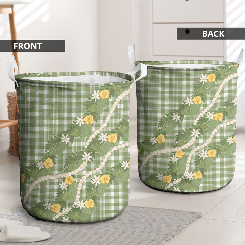 Aloha Puakenikeni Anthurium Pikake Lei Laundry Basket Green Hawaiian Palaka Pattern LT9 - Polynesian Pride
