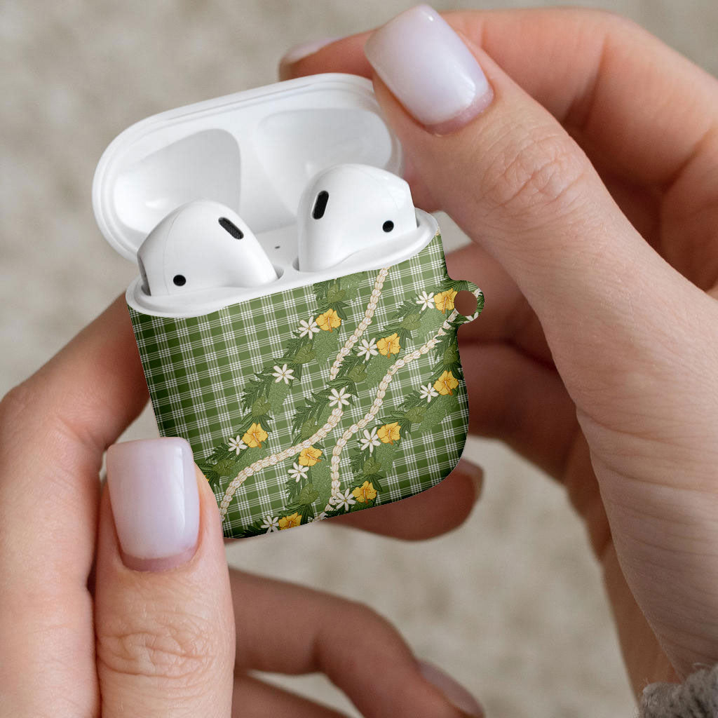 Aloha Puakenikeni Anthurium Pikake Lei AirPods Case Green Hawaiian Palaka Pattern LT9 - Polynesian Pride