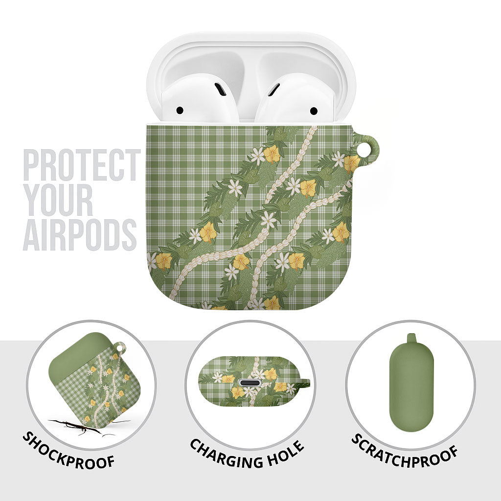 Aloha Puakenikeni Anthurium Pikake Lei AirPods Case Green Hawaiian Palaka Pattern LT9 - Polynesian Pride