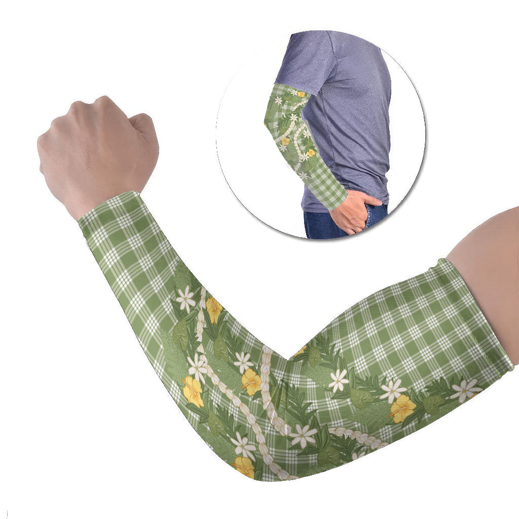 Aloha Puakenikeni Anthurium Pikake Lei Arm Sleeves Green Hawaiian Palaka Pattern LT9 Set of 2 Green - Polynesian Pride