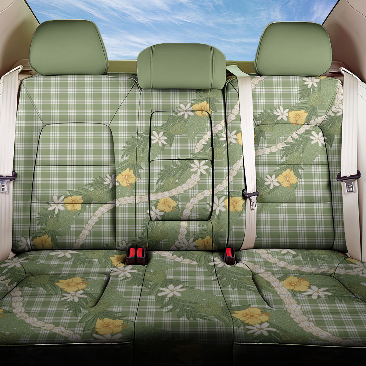 Aloha Puakenikeni Anthurium Pikake Lei Back Car Seat Cover Green Hawaiian Palaka Pattern LT9 One Size Green - Polynesian Pride