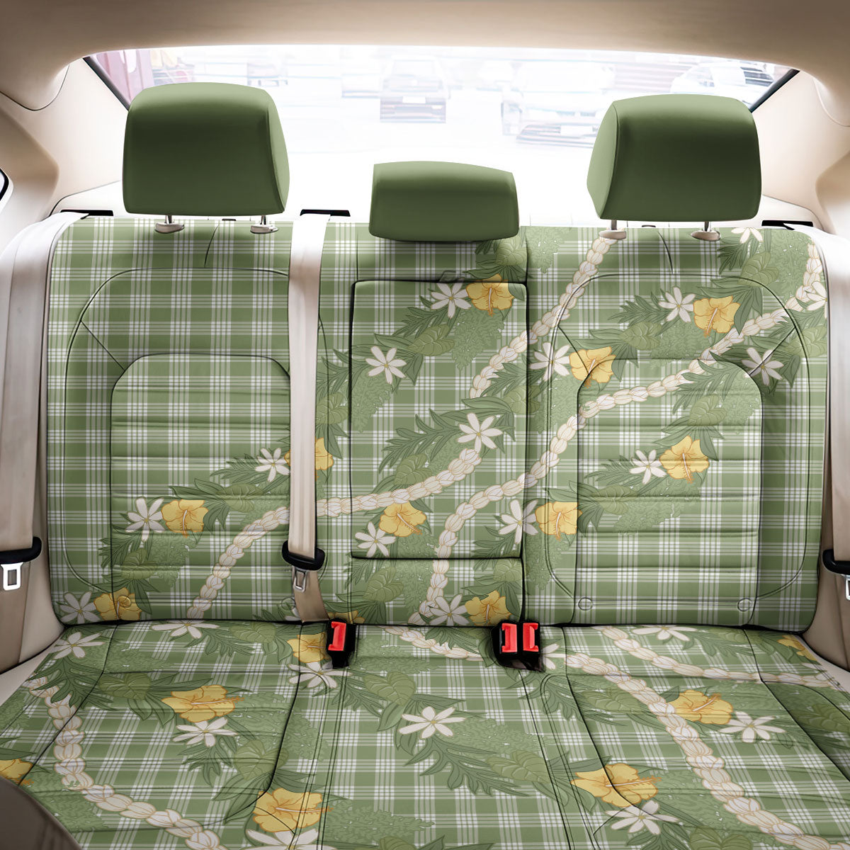 Aloha Puakenikeni Anthurium Pikake Lei Back Car Seat Cover Green Hawaiian Palaka Pattern
