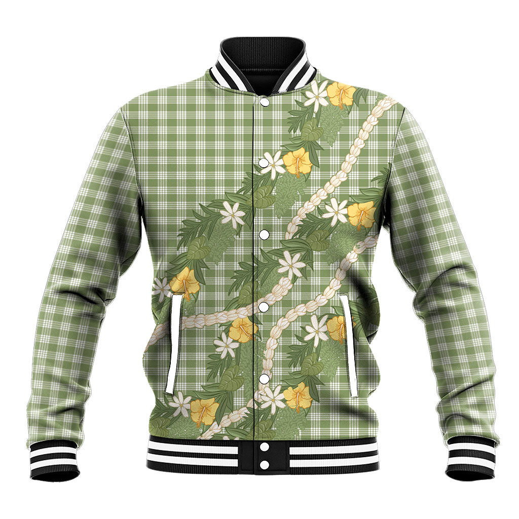 Aloha Puakenikeni Anthurium Pikake Lei Baseball Jacket Green Hawaiian Palaka Pattern LT9 Unisex Green - Polynesian Pride