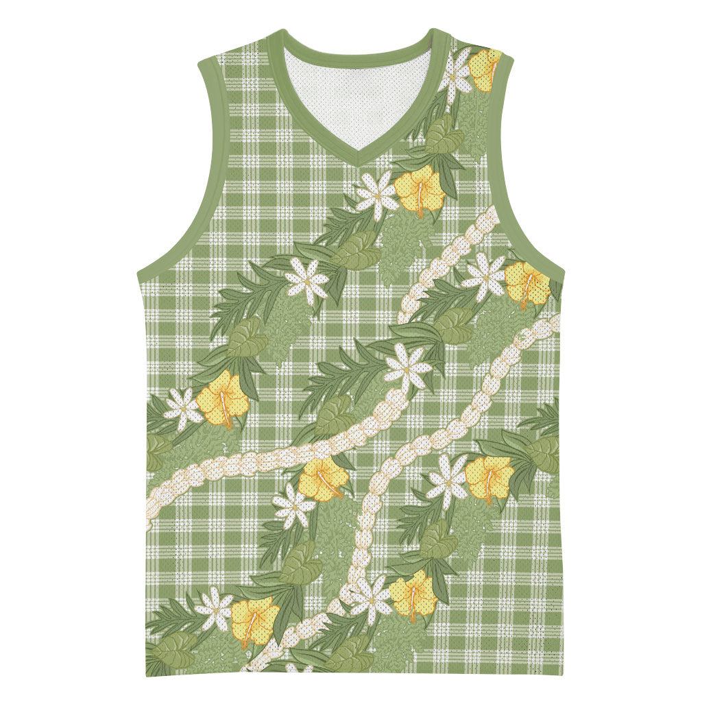 Aloha Puakenikeni Anthurium Pikake Lei Basketball Jersey Green Hawaiian Palaka Pattern LT9 Unisex Green - Polynesian Pride