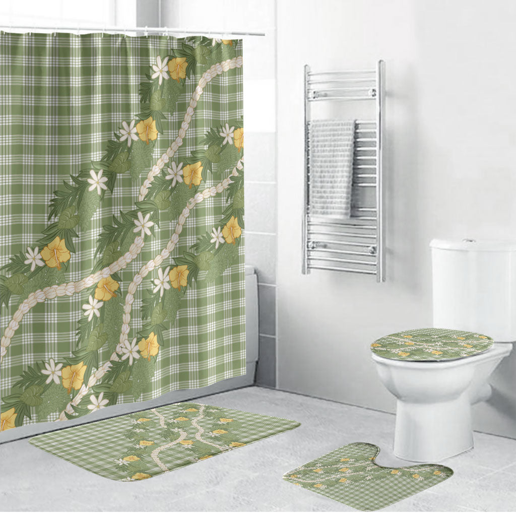 Aloha Puakenikeni Anthurium Pikake Lei Bathroom Set Green Hawaiian Palaka Pattern LT9 Bathroom Set (4 pcs) Green - Polynesian Pride