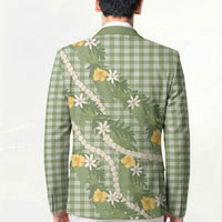 Aloha Puakenikeni Anthurium Pikake Lei Blazer Green Hawaiian Palaka Pattern