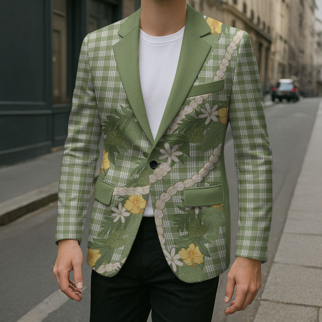 Aloha Puakenikeni Anthurium Pikake Lei Blazer Green Hawaiian Palaka Pattern