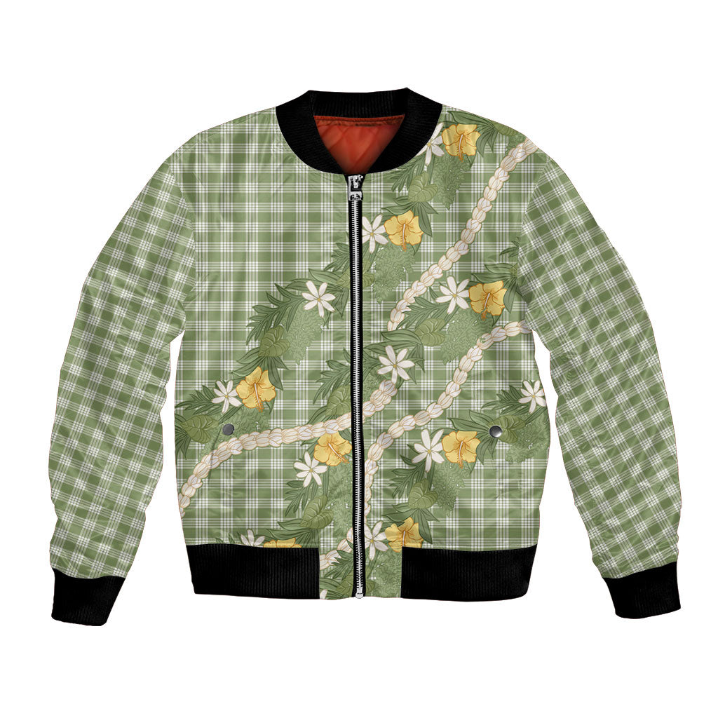 Aloha Puakenikeni Anthurium Pikake Lei Bomber Jacket Green Hawaiian Palaka Pattern LT9 Unisex Green - Polynesian Pride