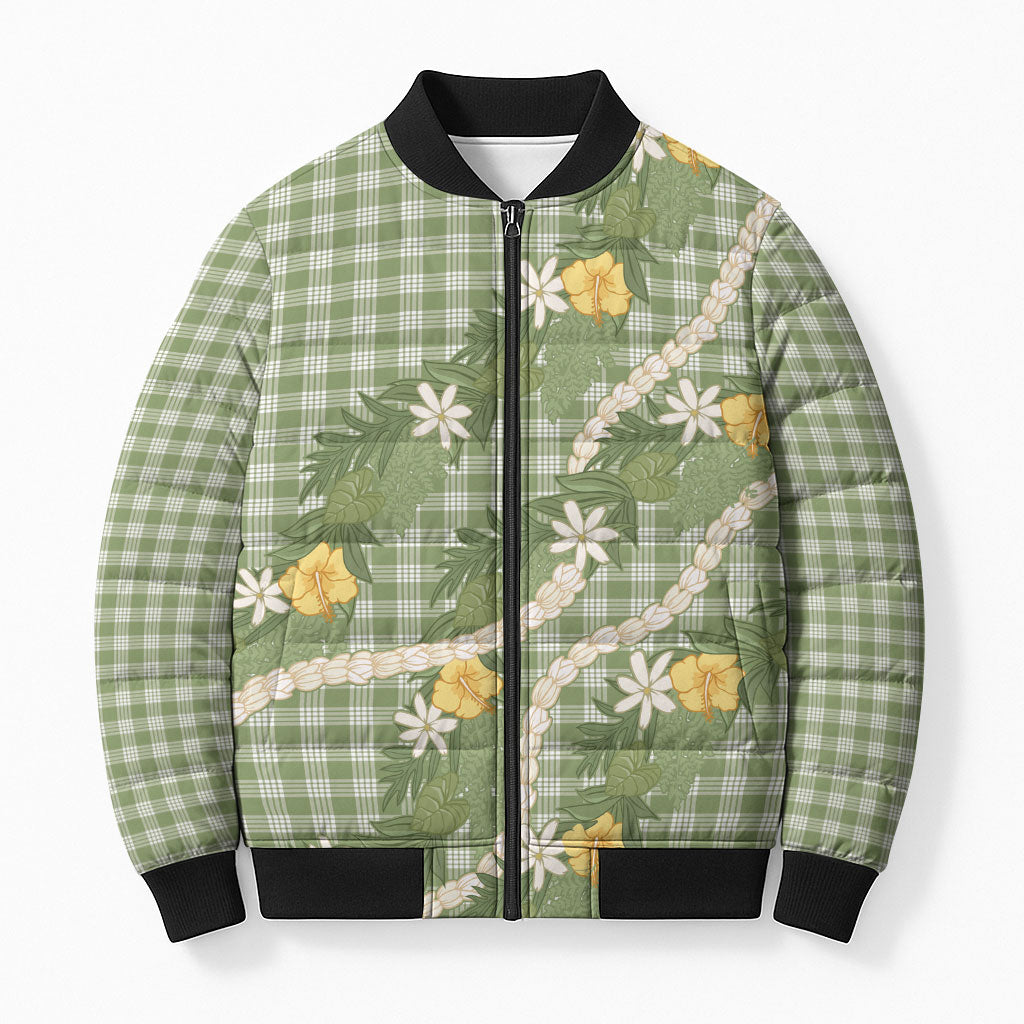Aloha Puakenikeni Anthurium Pikake Lei Bomber Puffer Jacket Green Hawaiian Palaka Pattern