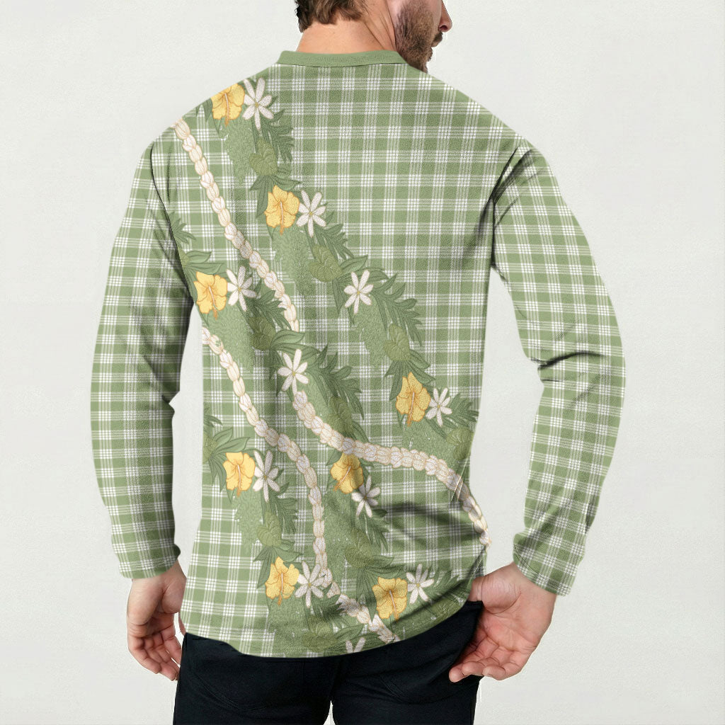 Aloha Puakenikeni Anthurium Pikake Lei Button Sweatshirt Green Hawaiian Palaka Pattern
