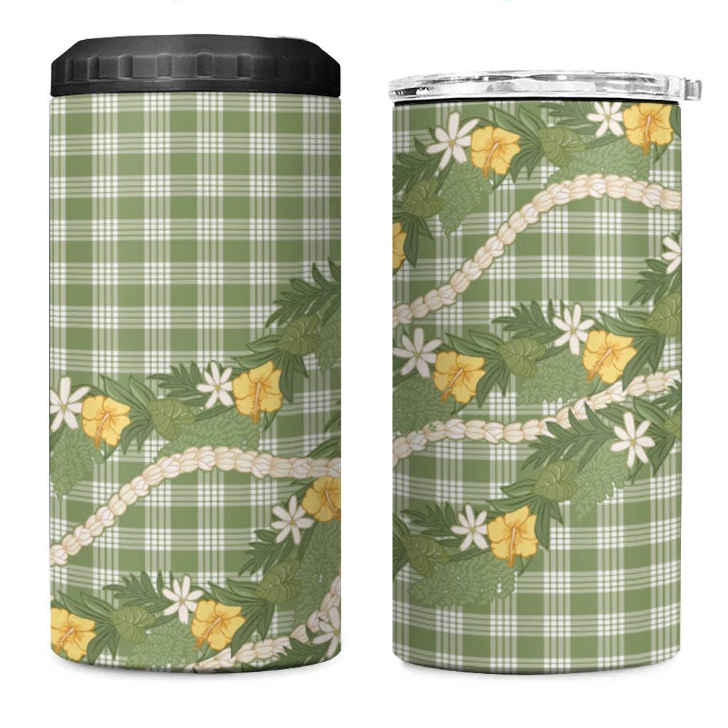 Aloha Puakenikeni Anthurium Pikake Lei 4 in 1 Can Cooler Tumbler Green Hawaiian Palaka Pattern LT9 One Size: 16 oz Green - Polynesian Pride