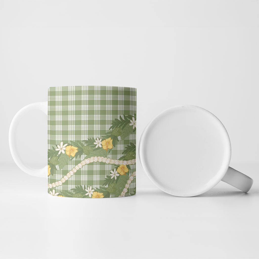 Aloha Puakenikeni Anthurium Pikake Lei Ceramic Mug Green Hawaiian Palaka Pattern