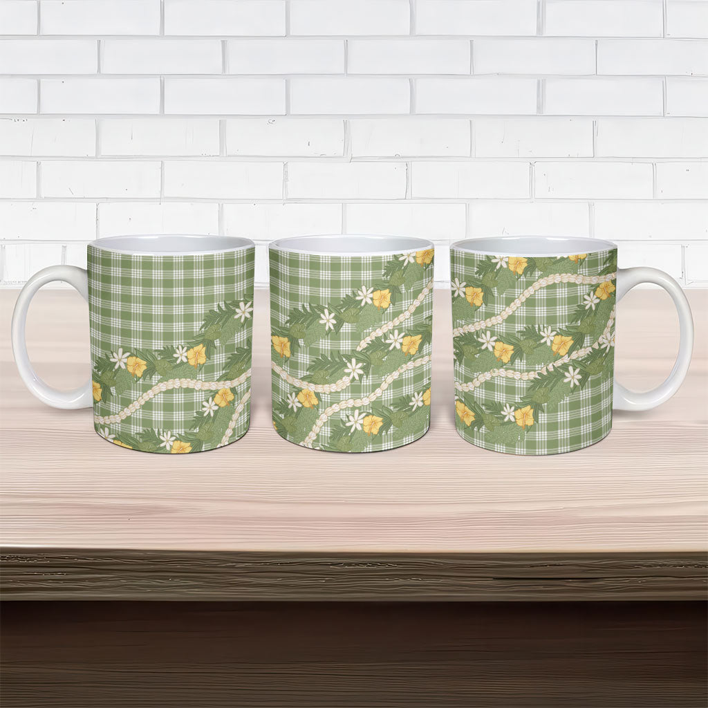 Aloha Puakenikeni Anthurium Pikake Lei Ceramic Mug Green Hawaiian Palaka Pattern