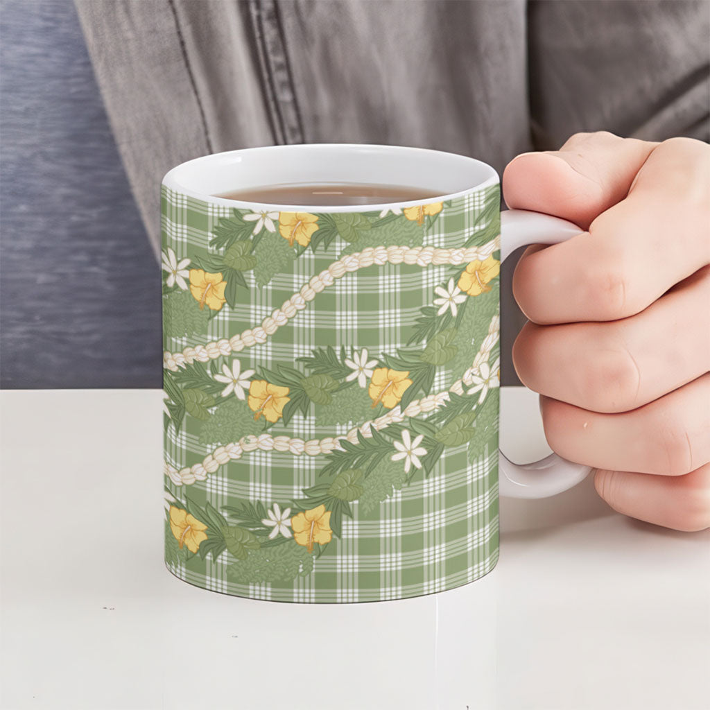 Aloha Puakenikeni Anthurium Pikake Lei Ceramic Mug Green Hawaiian Palaka Pattern
