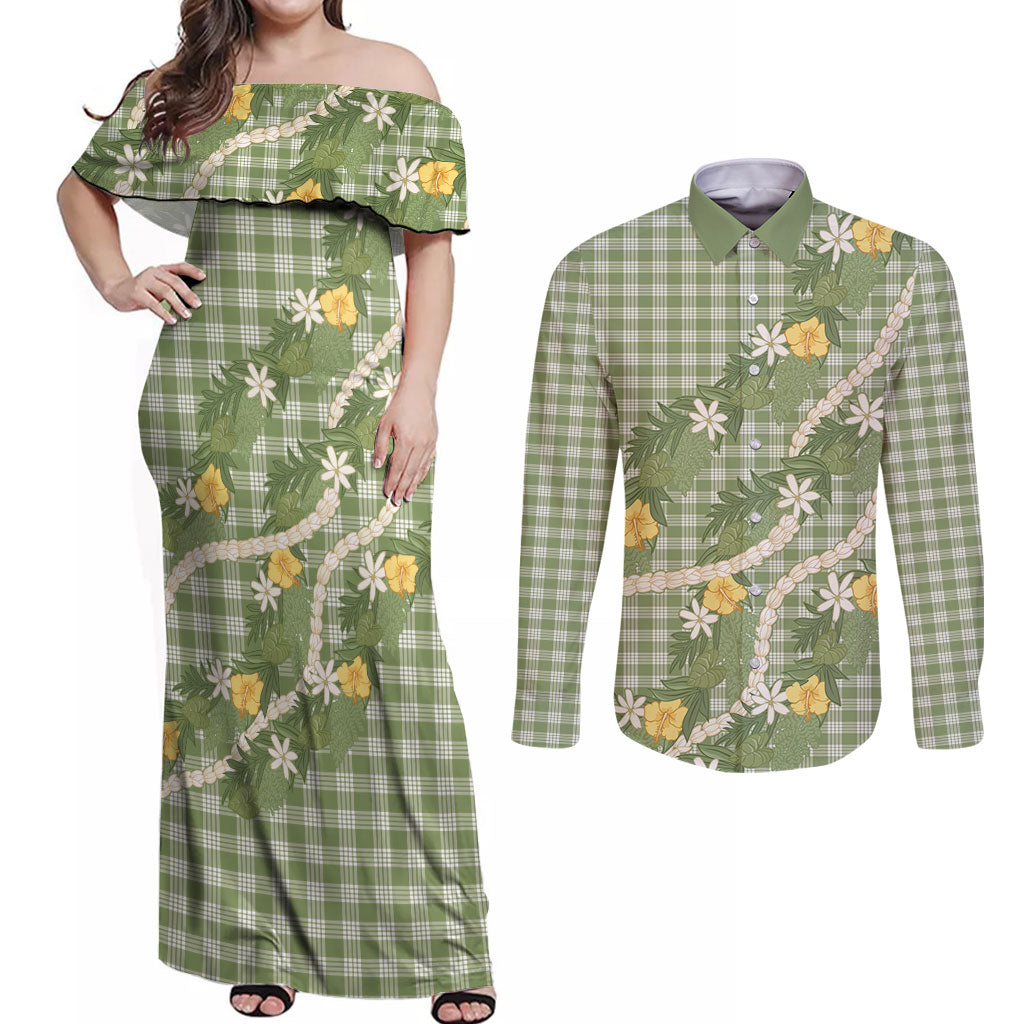 Aloha Puakenikeni Anthurium Pikake Lei Couples Matching Off Shoulder Maxi Dress and Long Sleeve Button Shirt Green Hawaiian Palaka Pattern LT9 Green - Polynesian Pride