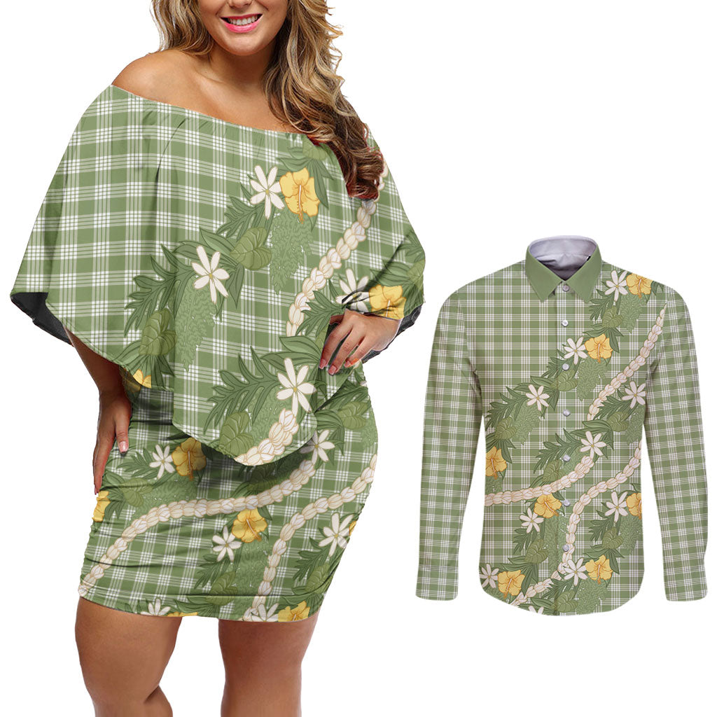 Aloha Puakenikeni Anthurium Pikake Lei Couples Matching Off Shoulder Short Dress and Long Sleeve Button Shirt Green Hawaiian Palaka Pattern LT9 Green - Polynesian Pride
