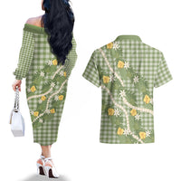 Aloha Puakenikeni Anthurium Pikake Lei Couples Matching Off The Shoulder Long Sleeve Dress and Hawaiian Shirt Green Hawaiian Palaka Pattern