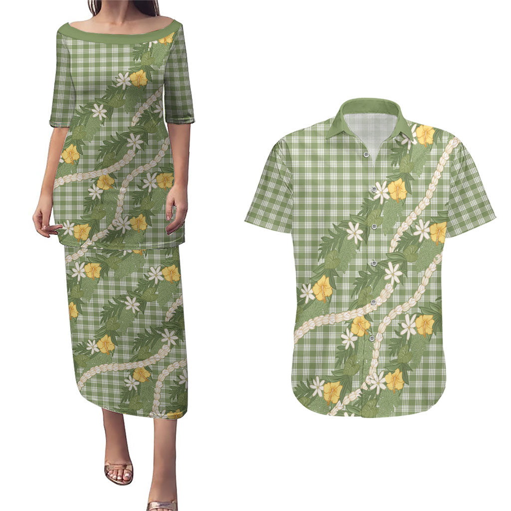 Aloha Puakenikeni Anthurium Pikake Lei Couples Matching Puletasi and Hawaiian Shirt Green Hawaiian Palaka Pattern LT9 Green - Polynesian Pride