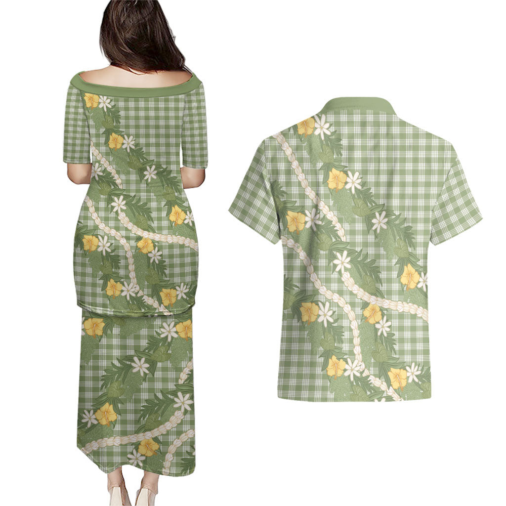 Aloha Puakenikeni Anthurium Pikake Lei Couples Matching Puletasi and Hawaiian Shirt Green Hawaiian Palaka Pattern