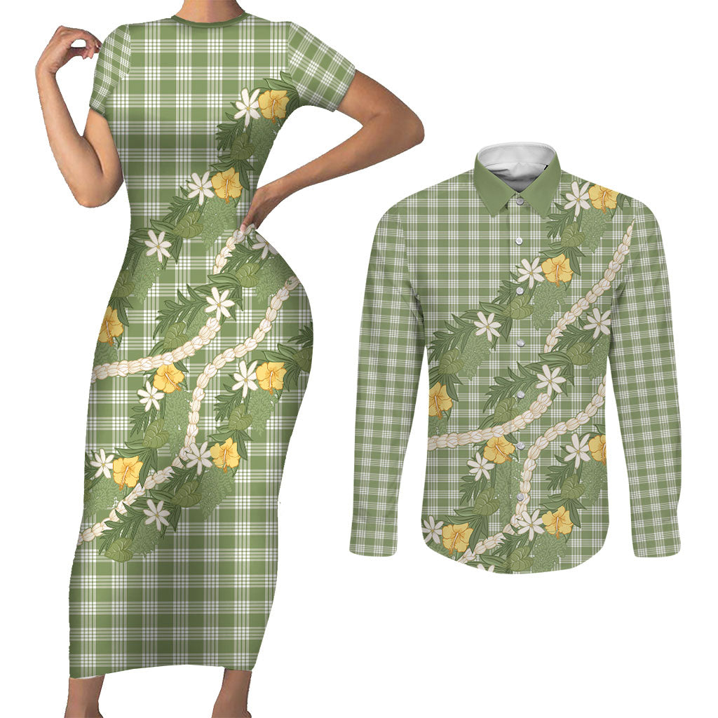 Aloha Puakenikeni Anthurium Pikake Lei Couples Matching Short Sleeve Bodycon Dress and Long Sleeve Button Shirt Green Hawaiian Palaka Pattern LT9 Green - Polynesian Pride