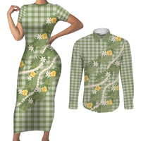 Aloha Puakenikeni Anthurium Pikake Lei Couples Matching Short Sleeve Bodycon Dress and Long Sleeve Button Shirt Green Hawaiian Palaka Pattern
