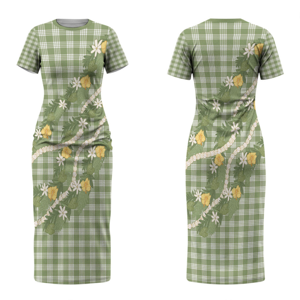 Aloha Puakenikeni Anthurium Pikake Lei Couples Matching Short Sleeve Bodycon Dress and Long Sleeve Button Shirt Green Hawaiian Palaka Pattern LT9 - Polynesian Pride