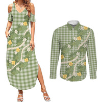 Aloha Puakenikeni Anthurium Pikake Lei Couples Matching Summer Maxi Dress and Long Sleeve Button Shirt Green Hawaiian Palaka Pattern