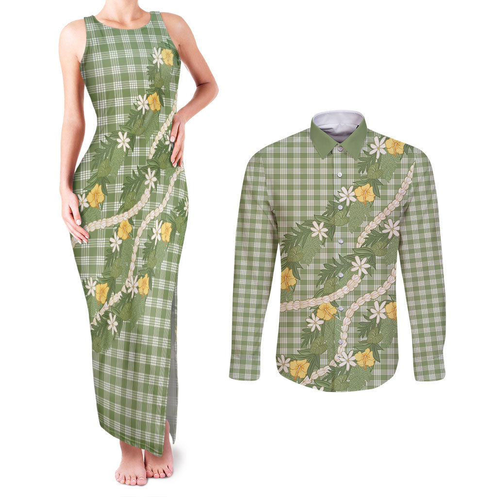 Aloha Puakenikeni Anthurium Pikake Lei Couples Matching Tank Maxi Dress and Long Sleeve Button Shirt Green Hawaiian Palaka Pattern LT9 Green - Polynesian Pride