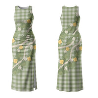 Aloha Puakenikeni Anthurium Pikake Lei Couples Matching Tank Maxi Dress and Long Sleeve Button Shirt Green Hawaiian Palaka Pattern LT9 - Polynesian Pride