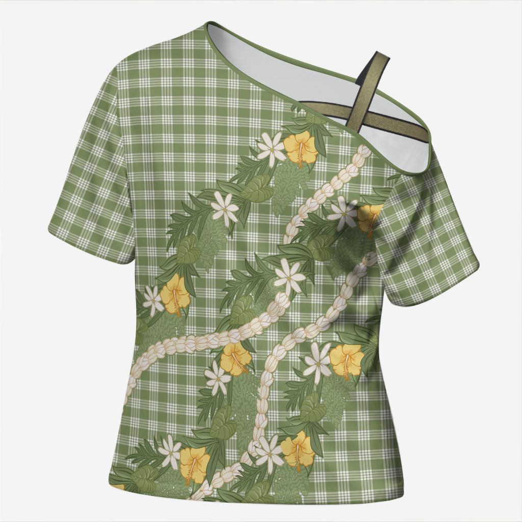 Aloha Puakenikeni Anthurium Pikake Lei Cross Shoulder Shirt Green Hawaiian Palaka Pattern LT9 Female Green - Polynesian Pride