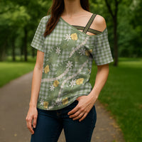 Aloha Puakenikeni Anthurium Pikake Lei Cross Shoulder Shirt Green Hawaiian Palaka Pattern