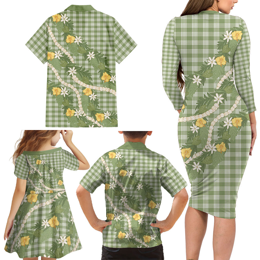 Aloha Puakenikeni Anthurium Pikake Lei Family Matching Long Sleeve Bodycon Dress and Hawaiian Shirt Green Hawaiian Palaka Pattern