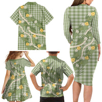 Aloha Puakenikeni Anthurium Pikake Lei Family Matching Long Sleeve Bodycon Dress and Hawaiian Shirt Green Hawaiian Palaka Pattern