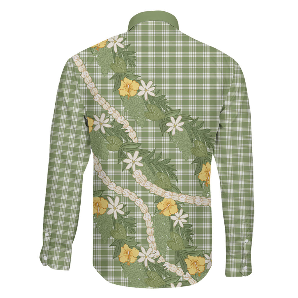 Aloha Puakenikeni Anthurium Pikake Lei Family Matching Long Sleeve Bodycon Dress and Hawaiian Shirt Green Hawaiian Palaka Pattern