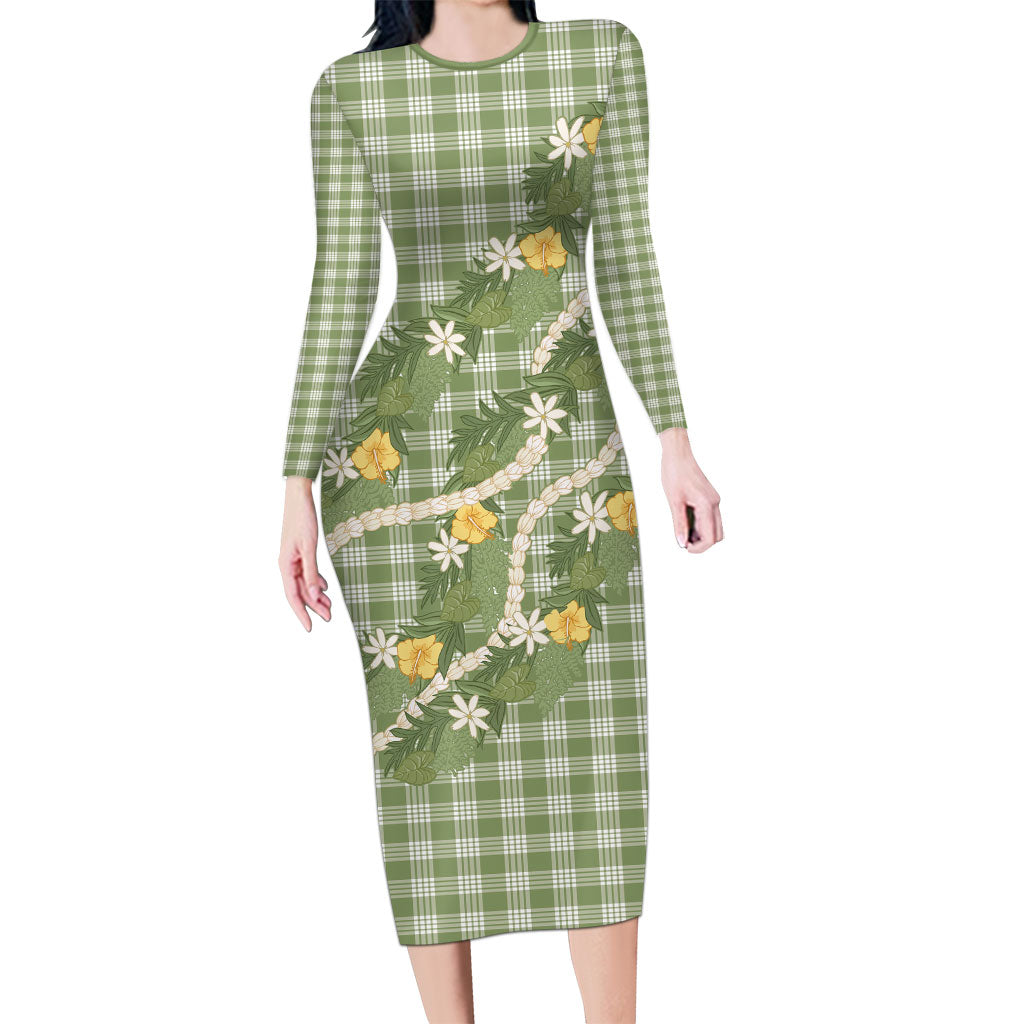 Aloha Puakenikeni Anthurium Pikake Lei Family Matching Long Sleeve Bodycon Dress and Hawaiian Shirt Green Hawaiian Palaka Pattern