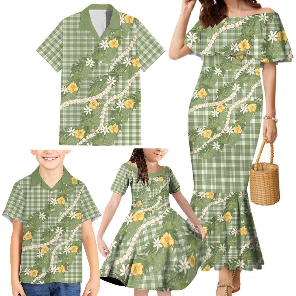 Aloha Puakenikeni Anthurium Pikake Lei Family Matching Mermaid Dress and Hawaiian Shirt Green Hawaiian Palaka Pattern