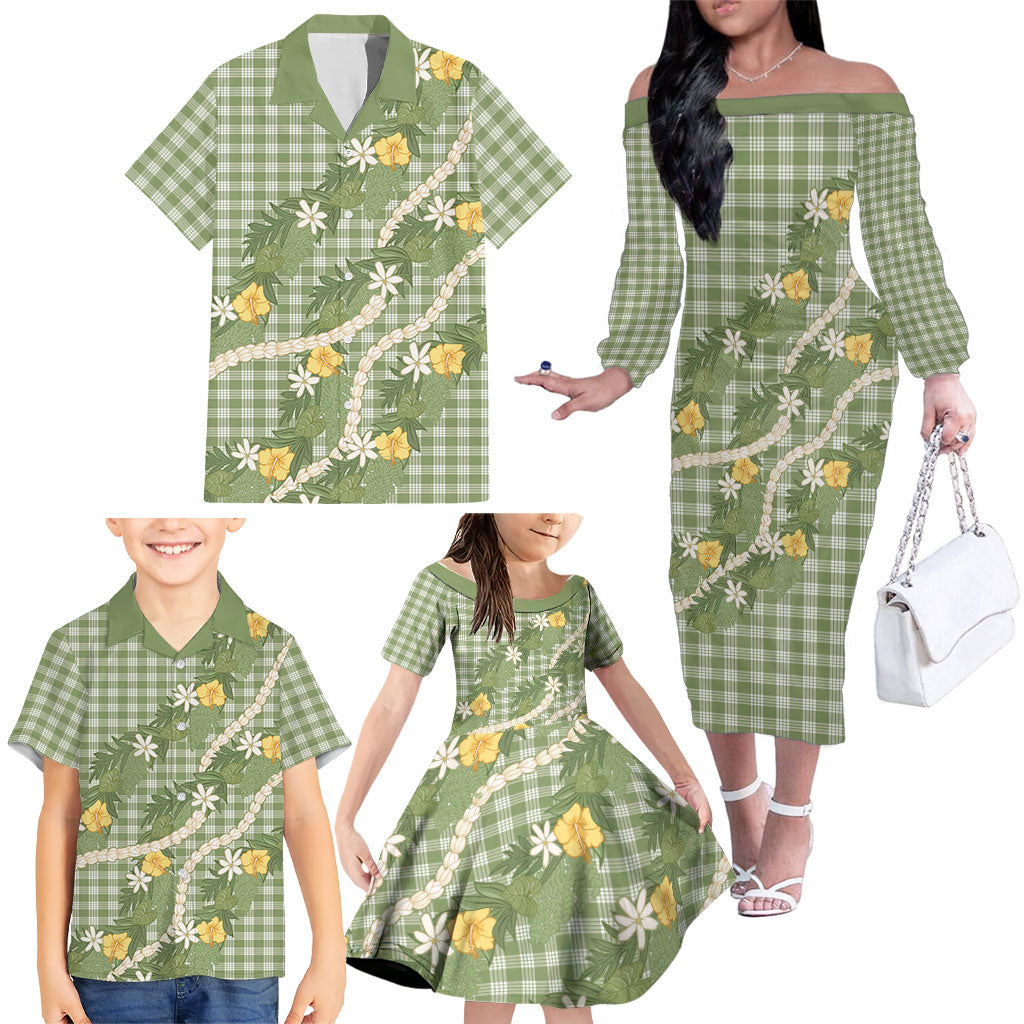 Aloha Puakenikeni Anthurium Pikake Lei Family Matching Off The Shoulder Long Sleeve Dress and Hawaiian Shirt Green Hawaiian Palaka Pattern LT9 - Polynesian Pride