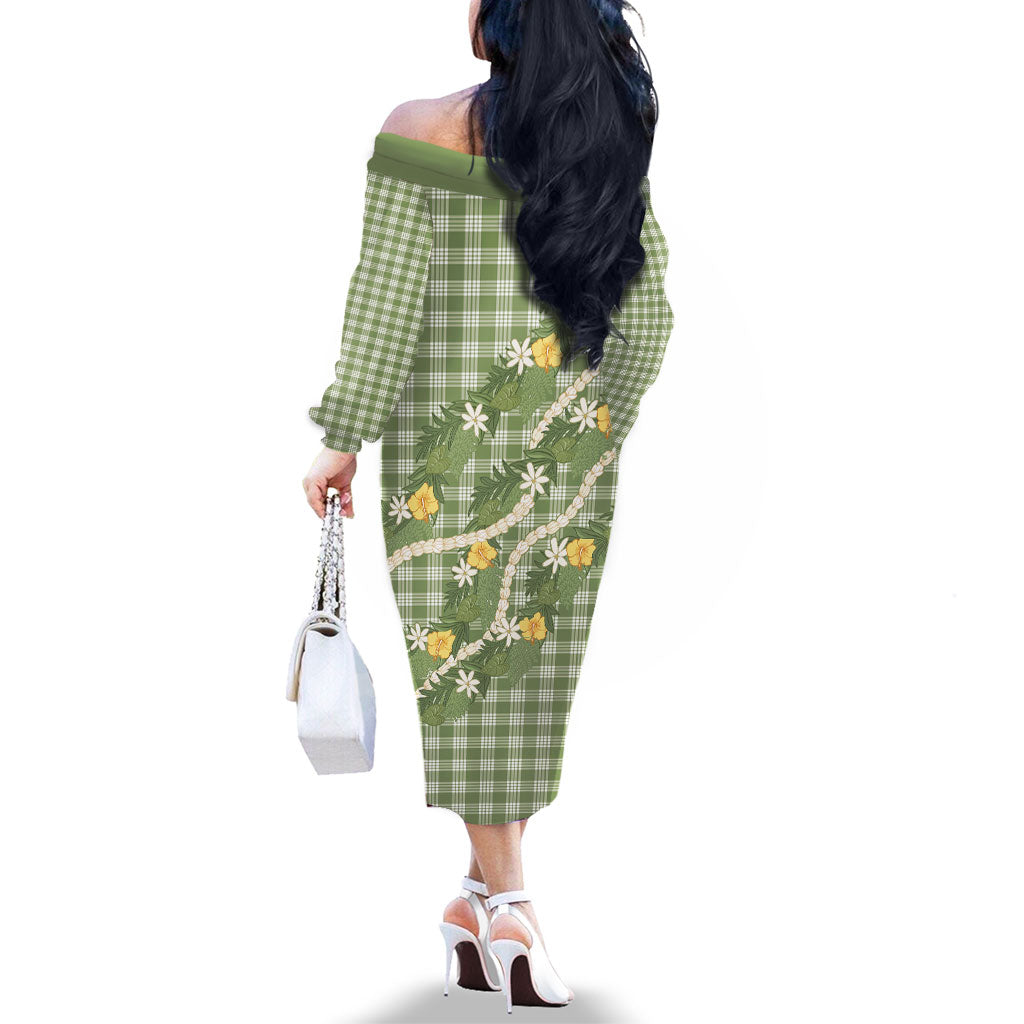 Aloha Puakenikeni Anthurium Pikake Lei Family Matching Off The Shoulder Long Sleeve Dress and Hawaiian Shirt Green Hawaiian Palaka Pattern