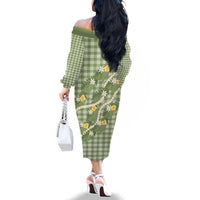 Aloha Puakenikeni Anthurium Pikake Lei Family Matching Off The Shoulder Long Sleeve Dress and Hawaiian Shirt Green Hawaiian Palaka Pattern