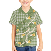 Aloha Puakenikeni Anthurium Pikake Lei Family Matching Off The Shoulder Long Sleeve Dress and Hawaiian Shirt Green Hawaiian Palaka Pattern