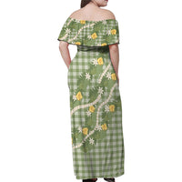 Aloha Puakenikeni Anthurium Pikake Lei Family Matching Off Shoulder Maxi Dress and Hawaiian Shirt Green Hawaiian Palaka Pattern