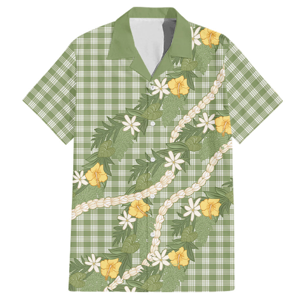 Aloha Puakenikeni Anthurium Pikake Lei Family Matching Off Shoulder Short Dress and Hawaiian Shirt Green Hawaiian Palaka Pattern
