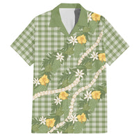 Aloha Puakenikeni Anthurium Pikake Lei Family Matching Off Shoulder Short Dress and Hawaiian Shirt Green Hawaiian Palaka Pattern