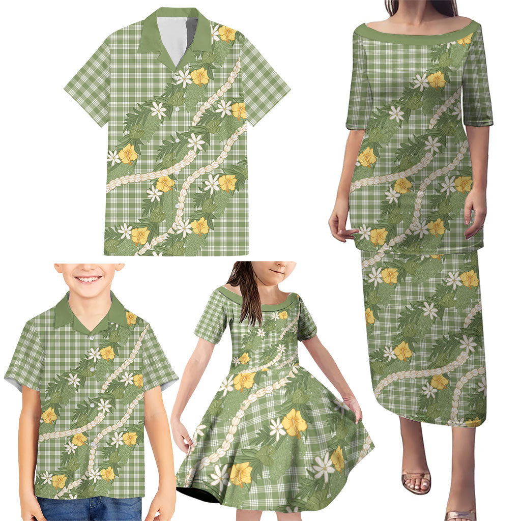 Aloha Puakenikeni Anthurium Pikake Lei Family Matching Puletasi and Hawaiian Shirt Green Hawaiian Palaka Pattern LT9 - Polynesian Pride