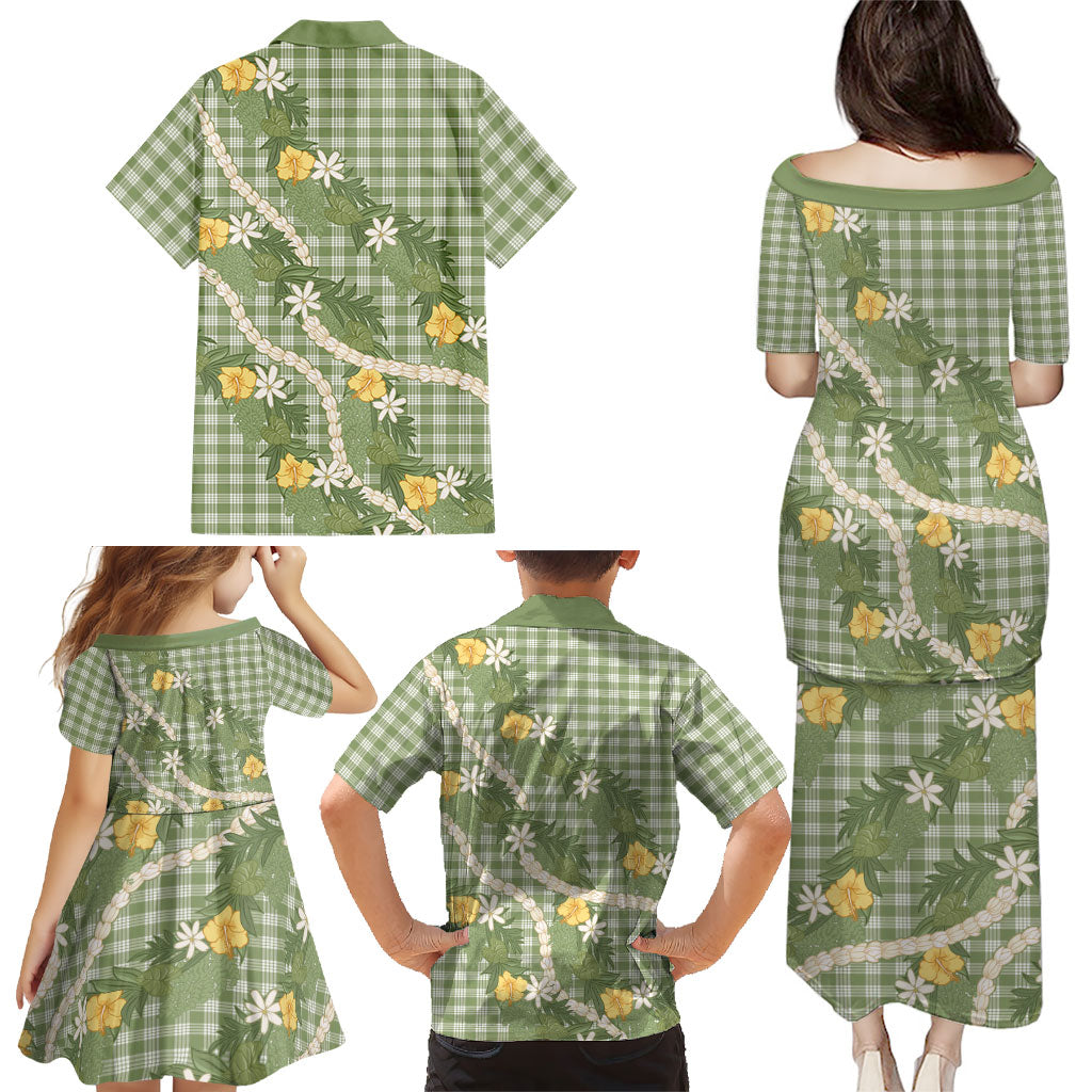 Aloha Puakenikeni Anthurium Pikake Lei Family Matching Puletasi and Hawaiian Shirt Green Hawaiian Palaka Pattern