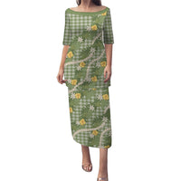 Aloha Puakenikeni Anthurium Pikake Lei Family Matching Puletasi and Hawaiian Shirt Green Hawaiian Palaka Pattern