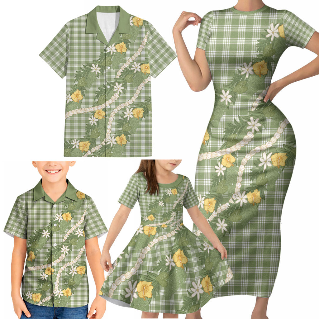 Aloha Puakenikeni Anthurium Pikake Lei Family Matching Short Sleeve Bodycon Dress and Hawaiian Shirt Green Hawaiian Palaka Pattern LT9 - Polynesian Pride