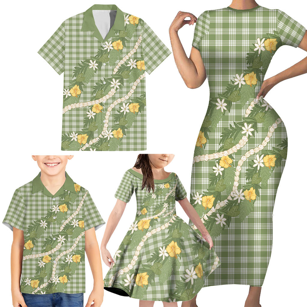 Aloha Puakenikeni Anthurium Pikake Lei Family Matching Short Sleeve Bodycon Dress and Hawaiian Shirt Green Hawaiian Palaka Pattern LT9 - Polynesian Pride