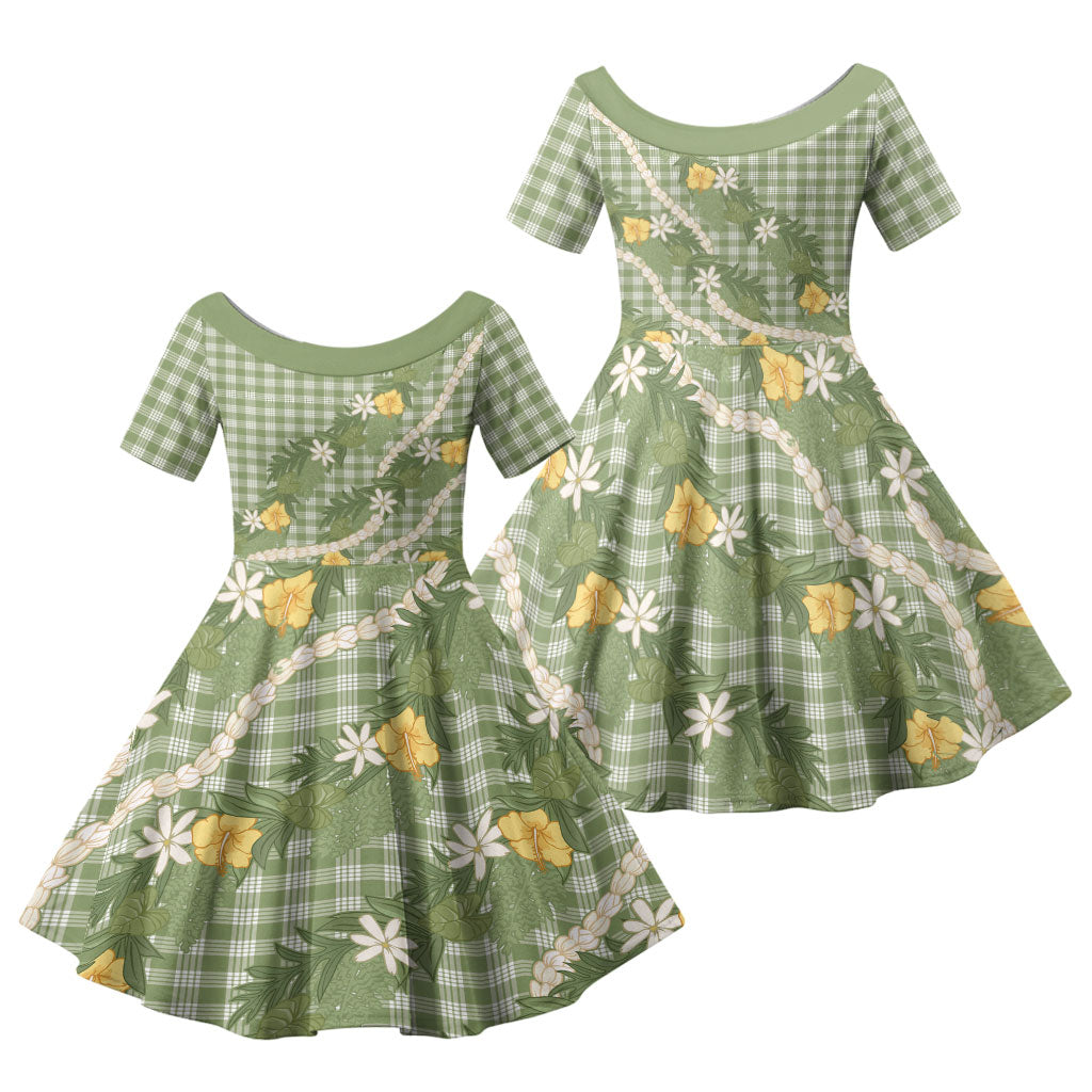 Aloha Puakenikeni Anthurium Pikake Lei Family Matching Short Sleeve Bodycon Dress and Hawaiian Shirt Green Hawaiian Palaka Pattern LT9 Daughter's Dress Green - Polynesian Pride